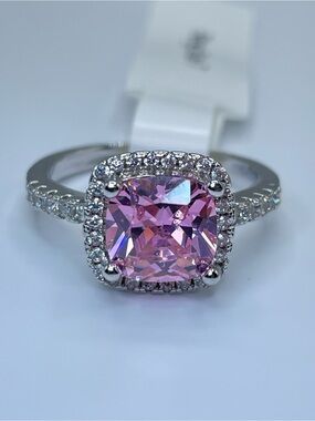 Swarovski Crystal Elements Pink Cushion Cut Crystal Halo Ring Sz 7 Statement